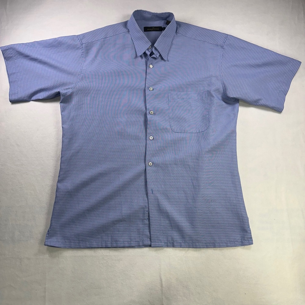 Bugatchi Uomo Mens Blue Micro Check Short Sleeve Button Down Shirt Large